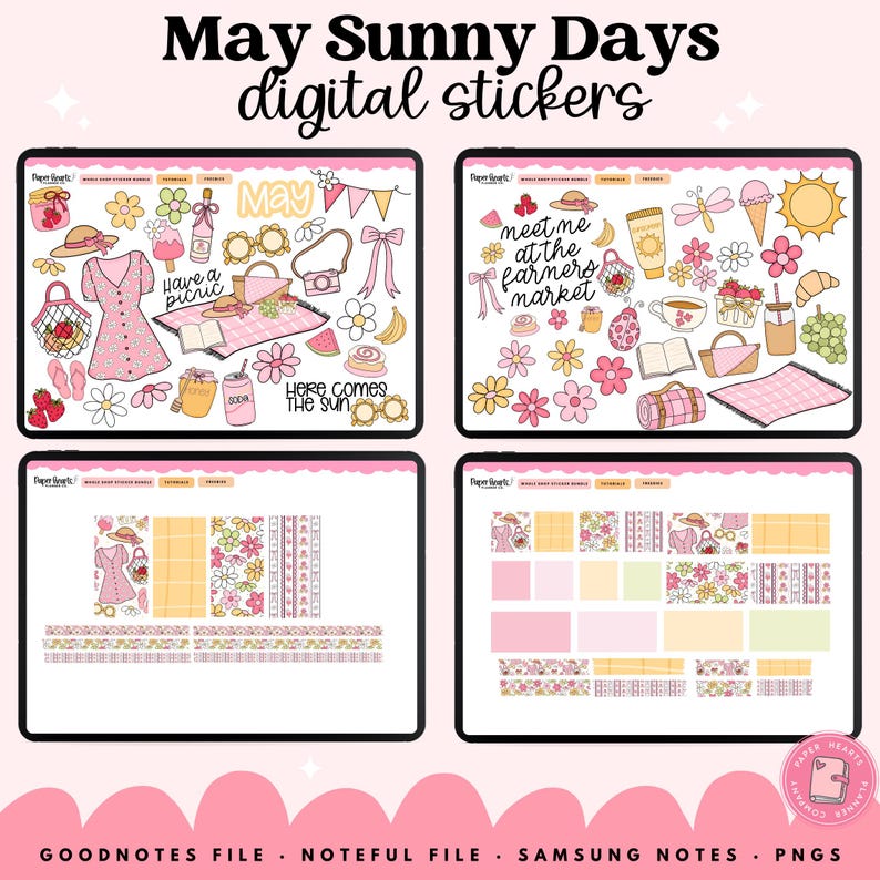 May include: Digital sticker set titled "May Sunny Days" with illustrations of picnic items, flowers, and text. The set includes Goodnotes, Noteful, and Samsung Notes files, as well as PNGs. The stickers are in pink, yellow, and white.