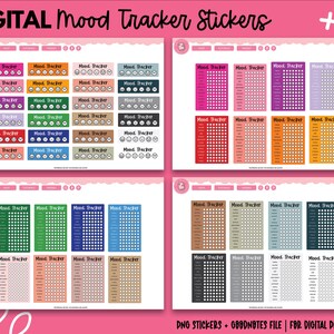 Pu&ograve; includere: Adesivi digitali per il monitoraggio dell'umore in vari colori, tra cui rosa, viola, verde e blu. Gli adesivi sono progettati per agende digitali e presentano spazi per tenere traccia degli stati d'animo quotidiani. Il testo "DIGITAL Mood Tracker Stickers" &egrave; in alto.