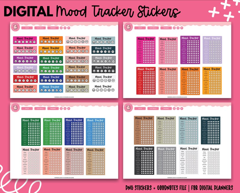 Pu&ograve; includere: Adesivi digitali per il monitoraggio dell'umore in vari colori, tra cui rosa, viola, verde e blu. Gli adesivi sono progettati per agende digitali e presentano spazi per tenere traccia degli stati d'animo quotidiani. Il testo "DIGITAL Mood Tracker Stickers" &egrave; in alto.