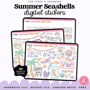 May include: Digital sticker set titled Summer Seashells for iPads and Androids. Three tablet screens display various summer-themed illustrations including palm trees, seashells, starfish, coral, and beach gear in pastel colors with the text Summer is in the air.