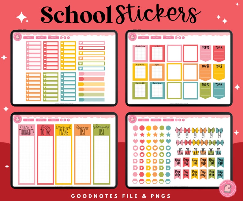 May include: A digital planner sticker set for Goodnotes featuring colorful checklists, to-do lists, and decorative elements. The stickers include sections for notes, bills to pay, weekend plans, grocery lists, and shopping lists. The set also includes a variety of decorative elements such as stars, hearts, bows, and paper clips.