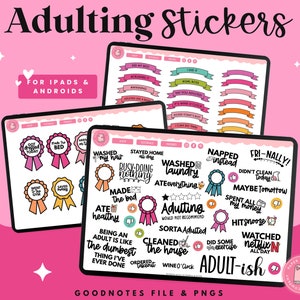 May include: Digital adulting stickers for iPads and Androids. The stickers include ribbons, badges, and text such as "I did it," "Washed my hair," and "Made the bed." The background is pink with white stars.