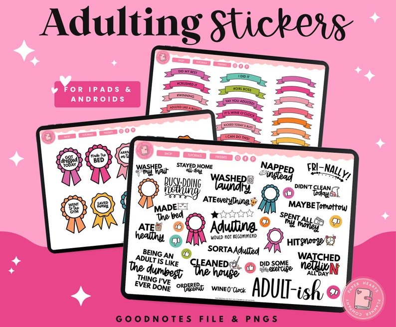 May include: Digital adulting stickers for iPads and Androids. The stickers include ribbons, badges, and text such as "I did it," "Washed my hair," and "Made the bed." The background is pink with white stars.