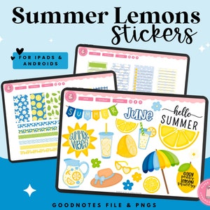 May include: A set of digital stickers featuring a summer lemon theme. The stickers include lemons, a pitcher of lemonade, a beach umbrella, sunglasses, and text that says "June", "Summer Vibes", and "Hello Summer".
