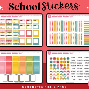 May include: A digital planner sticker set with colorful labels, frames, and circles. The stickers are designed for use in the Goodnotes app and include text such as "Monday", "Weekend", "Pizza Night", and "Birthday".
