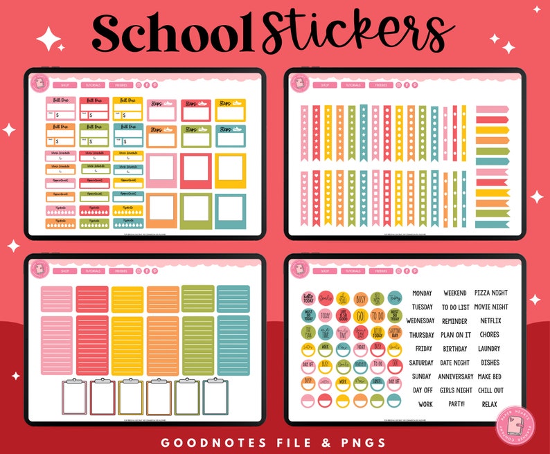 May include: A digital planner sticker set with colorful labels, frames, and circles. The stickers are designed for use in the Goodnotes app and include text such as "Monday", "Weekend", "Pizza Night", and "Birthday".