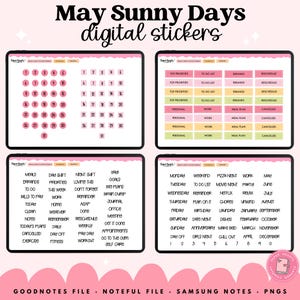 May include: Digital sticker set with the text "May Sunny Days." Includes four digital planner templates with pink accents. Features calendar, to-do lists, and various labels for scheduling and organization. Perfect for digital planning.