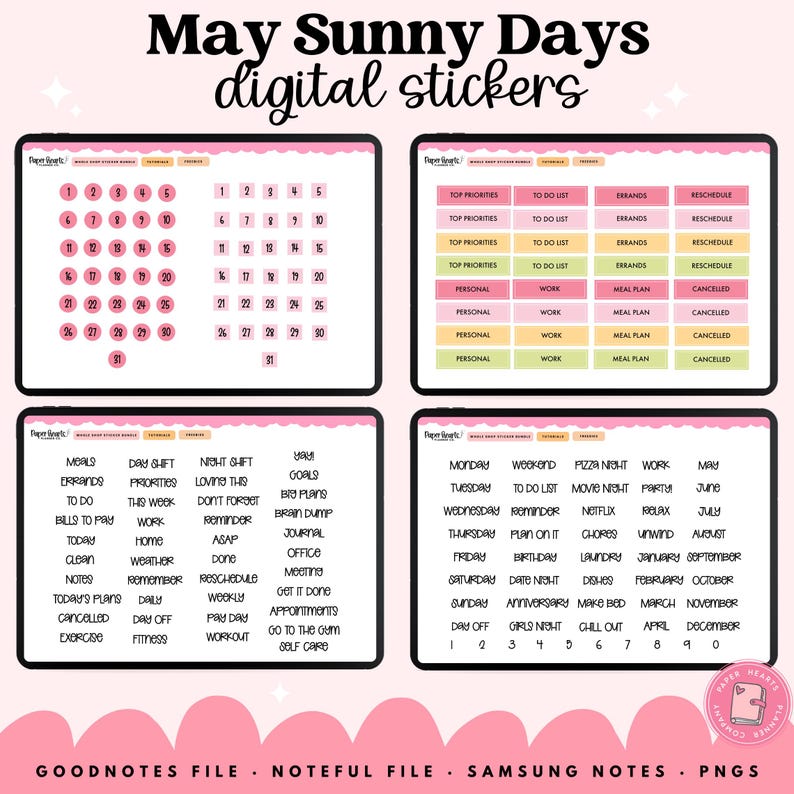 May include: Digital sticker set with the text "May Sunny Days." Includes four digital planner templates with pink accents. Features calendar, to-do lists, and various labels for scheduling and organization. Perfect for digital planning.