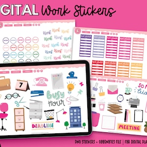 Op de afbeelding: Digitale werkstickers met diverse illustraties met kantoorthema, waaronder een aktetas, kalender, bril, schaar en een roze bureaustoel. De afbeelding bevat ook digitale plannersjablonen en de tekst "Digital Work Stickers."