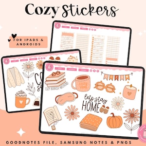 May include: A set of digital stickers for Goodnotes and Samsung Notes featuring illustrations of cozy winter themes, including a cup of coffee, a book, a blanket, and a pair of glasses. The stickers are in a pink and orange color scheme and have a hand-drawn style.