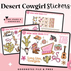 May include: Digital stickers for Goodnotes and other note-taking apps featuring a cowgirl theme. The stickers include cacti, boots, hats, and phrases like "Yee Haw" and "Girl Power".
