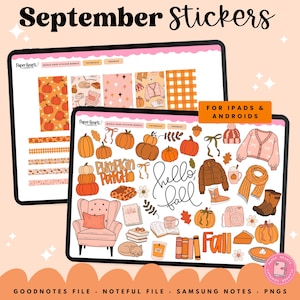 May include: Digital sticker set for iPads and Androids with a fall theme. The image features pumpkins, sweaters, and the words "hello fall." The stickers are available in GoodNotes, Noteful, and Samsung Notes files.