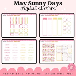May include: Digital sticker set titled "May Sunny Days" with various shapes, labels, and floral patterns. The stickers are displayed on four digital tablets, featuring a pastel color palette of pink, green, and yellow. Includes daily and decorative elements.