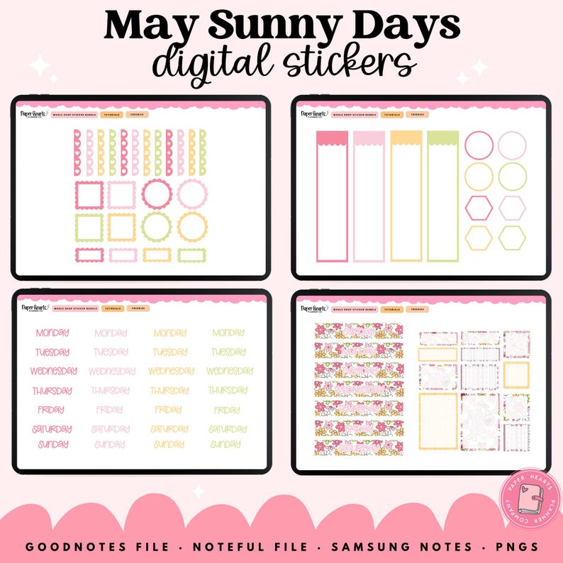 May include: Digital sticker set titled "May Sunny Days" with various shapes, labels, and floral patterns. The stickers are displayed on four digital tablets, featuring a pastel color palette of pink, green, and yellow. Includes daily and decorative elements.