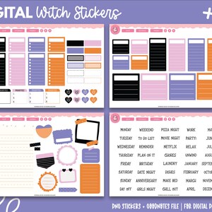May include: Digital planner stickers with a witch theme. The stickers are in various colors, including black, orange, pink, purple, and gray. The stickers include a variety of shapes, including squares, rectangles, circles, and hearts. The stickers are designed for use in digital planners.