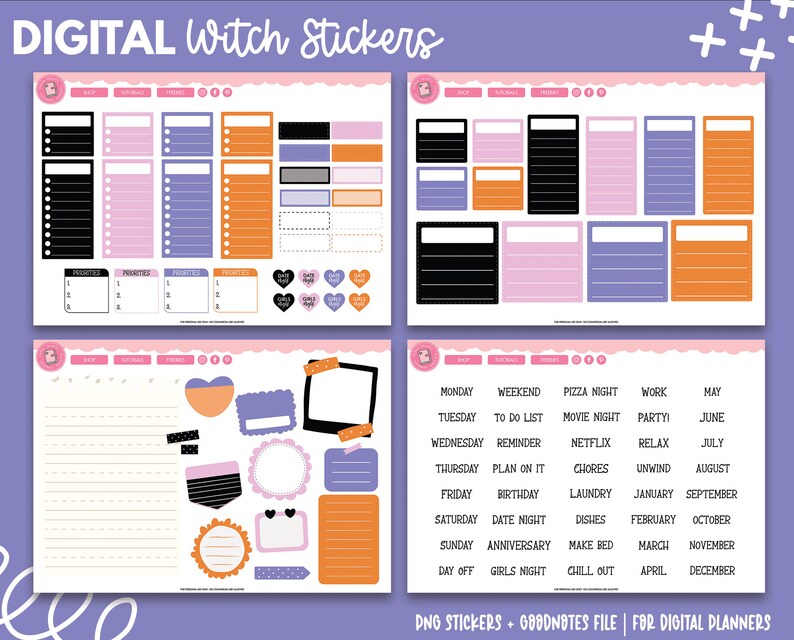 May include: Digital planner stickers with a witch theme. The stickers are in various colors, including black, orange, pink, purple, and gray. The stickers include a variety of shapes, including squares, rectangles, circles, and hearts. The stickers are designed for use in digital planners.
