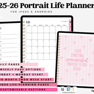 2025-2026 Mid Year Portrait Digital Planner, Dated Daily, Weekly, Monthly Digital Planner, iPad Planner, GoodNotes Planner, Pink