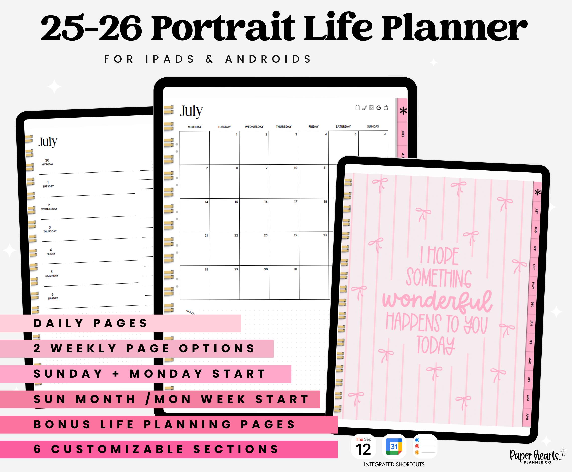 2025-2026 Mid Year Portrait Digital Planner, Dated Daily, Weekly, Monthly Digital Planner, iPad Planner, GoodNotes Planner, Pink