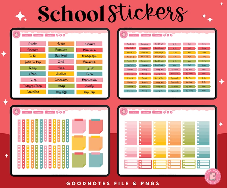 May include: A digital planner screen with colorful stickers for school. The stickers include labels for meals, errands, goals, priorities, weekend, to do, this week, don't forget, bills to pay, work, home, ASAP, today, weather, done, notes, remember, reschedule, today's plans, daily, weekly, cancelled, day off, and pay day.