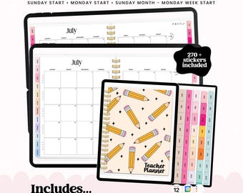 May include: A 2026 digital teacher planner in landscape layout featuring a pencil-patterned cover, monthly calendar views, and color-coded tabs. The planner includes 270+ stickers and sections for finances, fitness, meals, cleaning, goals, habits, ADHD mindset, notes, lists, projects, travel, trackers, and journaling.