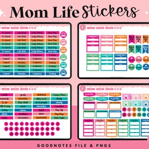 May include: A set of colorful digital stickers for Goodnotes app. The stickers feature various themes including school, sports, meal planning, and general organization. The stickers are designed in a bright and playful style with a pink background.