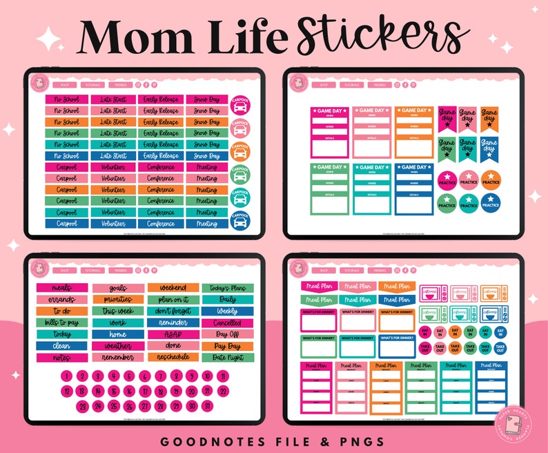 May include: A set of colorful digital stickers for Goodnotes app. The stickers feature various themes including school, sports, meal planning, and general organization. The stickers are designed in a bright and playful style with a pink background.