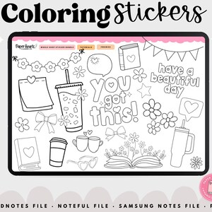 May include: A digital planner page with black and white coloring stickers featuring a variety of designs, including a coffee cup, a book, a flower, and the text "You got this!" and "Have a beautiful day".