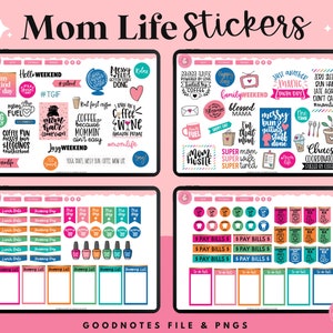 May include: A digital planner sticker set with colorful illustrations and text related to motherhood, coffee, and busy schedules. The stickers include phrases like "Mom Hustle", "Coffee Run", "Zero Sleep", and "Chaos Coordinator".