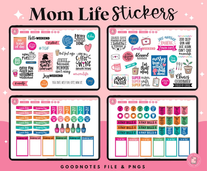 May include: A digital planner sticker set with colorful illustrations and text related to motherhood, coffee, and busy schedules. The stickers include phrases like "Mom Hustle", "Coffee Run", "Zero Sleep", and "Chaos Coordinator".