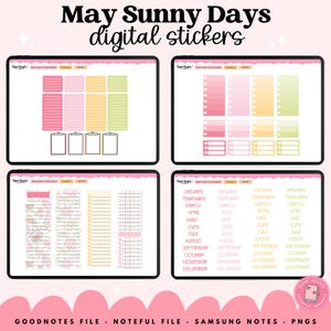 May include: Digital sticker set with a pink and green color scheme. The image shows four digital tablets displaying various sticker designs, including checklists, notes, and monthly labels. The text at the top reads "May Sunny Days digital stickers."