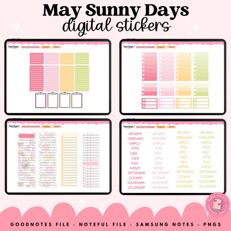 May include: Digital sticker set with a pink and green color scheme. The image shows four digital tablets displaying various sticker designs, including checklists, notes, and monthly labels. The text at the top reads "May Sunny Days digital stickers."