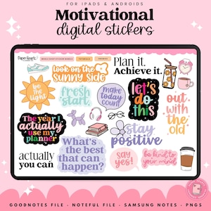 May include: A tablet screen showcasing a set of vibrant digital stickers with motivational quotes and illustrations. The stickers include phrases such as "Look on the Sunny Side" and "Stay Positive," alongside images of a coffee and a book.