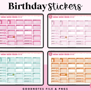 May include: Four digital planner pages featuring birthday stickers. Each page has a different colour scheme: pink, light blue, orange, and white. The stickers include a variety of birthday-themed designs, such as cakes, balloons, and gifts.