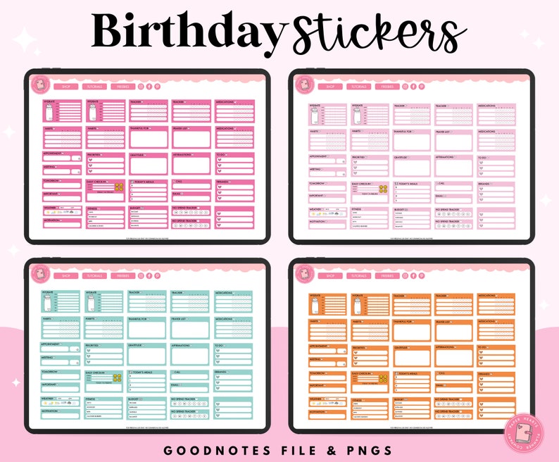 May include: Four digital planner pages featuring birthday stickers. Each page has a different colour scheme: pink, light blue, orange, and white. The stickers include a variety of birthday-themed designs, such as cakes, balloons, and gifts.