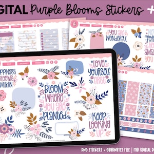 Digitale stickers paarse bloemen | Goodnotes-stickers | PNG-stickers | Paarse bloemen