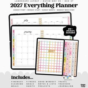 May include: A 2027 digital landscape planner with a grid cover, monthly calendar views for January and July, and tabbed navigation. The planner includes 160+ stickers and sections for finances, fitness, cleaning, meals, goals, habits, ADHD mindset, notes, lists, projects, travel, trackers, and journaling.