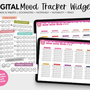 May include: Digital mood tracker widgets for iPads and tablets. The widgets feature a variety of black and white smiley faces in different moods. The widgets are designed for use with Goodnotes, Noteshelf, Notability, and Penly.