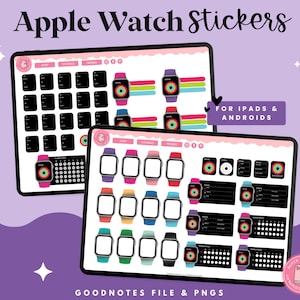 Puede incluir: Pegatinas digitales para planificadores para Apple Watch, iPads y Android. Las pegatinas presentan una variedad de esferas de Apple Watch coloridas con diferentes diseños. Las pegatinas están diseñadas para usarse con GoodNotes y vienen en formato PNG.