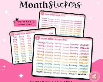Op de afbeelding: Digitale planner stickers voor iPad en Android-apparaten. De stickers tonen de maanden januari, mei en december in verschillende kleuren en lettertypen. De tekst "GOODNOTES FILE & PNGS" staat onderaan de afbeelding.