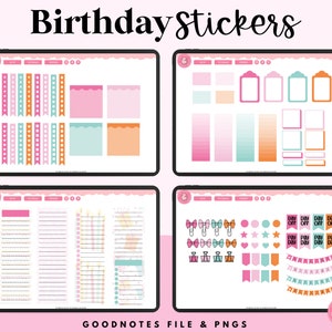 May include: A digital planner page with birthday themed stickers. The stickers include banners, ribbons, bows, stars, hearts, and frames in pink, orange, and blue.