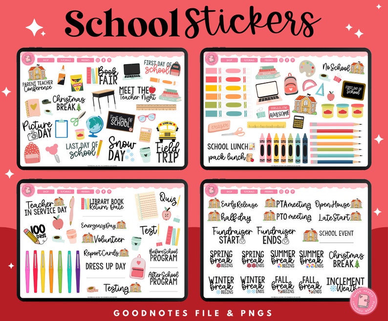 May include: A digital planner sticker set with colorful illustrations of school-themed items, including a school bus, books, pencils, and a calendar. The stickers are designed for use in digital planners and note-taking apps.