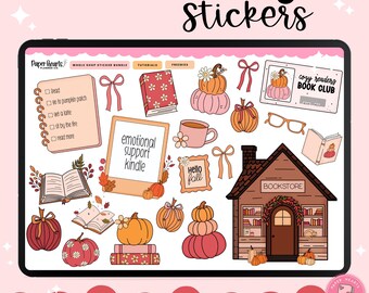 May include: A digital sticker set with a fall reading theme. The stickers include pumpkins, books, a coffee cup, glasses, and a bookstore. Text includes "Fall Reading Stickers", "emotional support kindle", and "Hello fall".