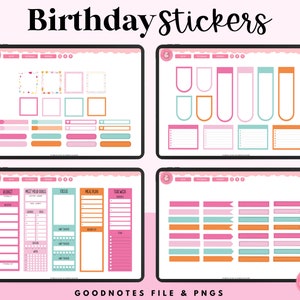 May include: A digital planner sticker set with birthday themed graphics. The stickers include banners, frames, boxes, and checklists. The stickers are designed for use with the Goodnotes app.