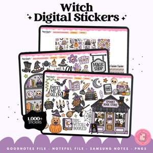 Può includere: Una collezione di adesivi digitali visualizzati su tre schermi di tablet, con illustrazioni a tema streghe come zucche, gatti neri, libri di incantesimi e una libreria spettrale. Il testo riporta Witch Digital Stickers, 1,000+ Stickers e This Witch is Booked.