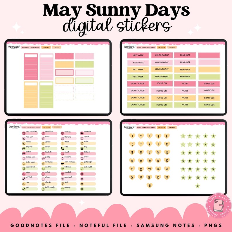 May include: Digital sticker set for May, featuring a variety of planner elements. Includes color-coded sections for appointments, reminders, and notes, along with calendar dates and themed icons. The text reads "May Sunny Days digital stickers."