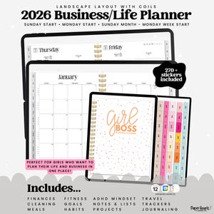 May include: A 2026 Business/Life Planner with a landscape layout and coils. The planner includes a calendar, stickers, and the text "Girl Boss Business Planner." It also includes sections for finances, fitness goals, and travel trackers.