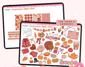 May include: Digital sticker bundle for iPads and Androids featuring fall-themed illustrations. Includes pumpkins, a turkey, pie, and the words "Hello Fall" and "Welcome Autumn." The stickers are designed for digital planners.