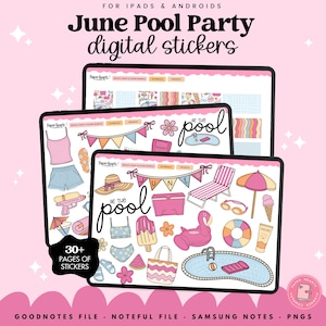 Puede incluir: Conjunto de pegatinas digitales para iPads y Androids titulado June Pool Party digital stickers. Las pantallas muestran varias ilustraciones con temática veraniega, incluyendo una piscina, un flotador de flamenco, sombrilla y bañadores.