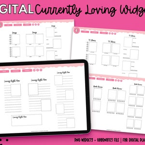 May include: A digital planner widget set with four different layouts. The widgets are for tracking TV shows, books, songs, and things you are loving right now. The widgets are in a Goodnotes file format and are designed for digital planners.
