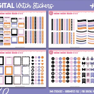 May include: Digital planner stickers featuring a witch theme. The stickers include various shapes, sizes, and colors, including black, orange, purple, and pink. The stickers feature a variety of designs, including stars, hearts, bows, and frames. The stickers are designed for use in digital planners.